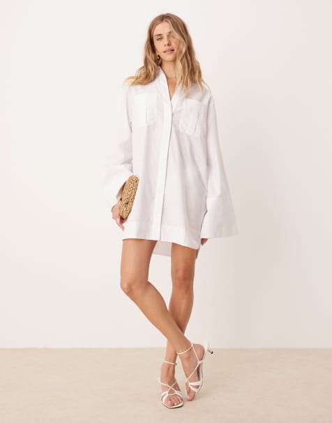 ASOS DESIGN - Gestreepte mini overhemdjurk met brede manchetten en oversized zakken in wit - view 1