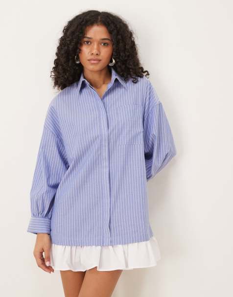 ASOS DESIGN - Gestreepte mini overhemdjurk met lange mouwen en ruches aan de zoom in blauw - view 1