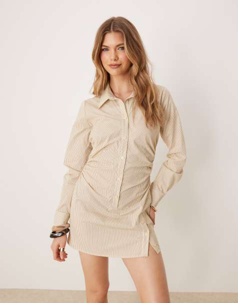 ASOS DESIGN - Gestreepte mini overhemdjurk van katoen met gerimpelde taille en uitlopende mouwen - view 1