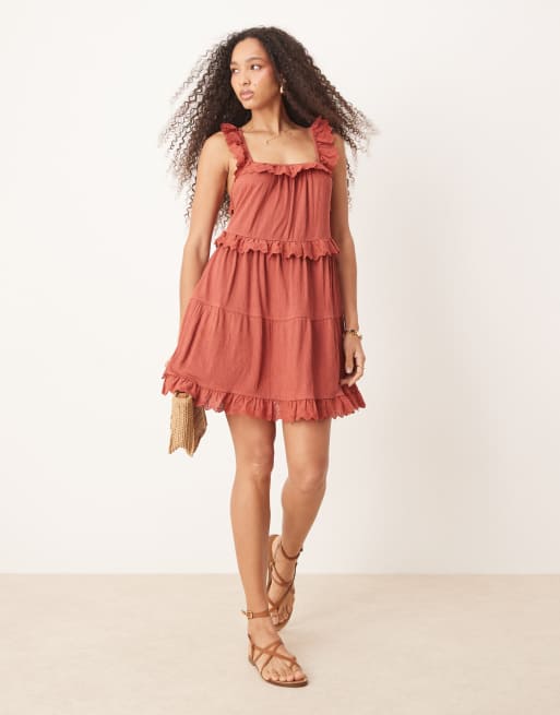 ASOS DESIGN - Gestreepte mini swingjurk met kanten ruches en stroken in oranjes, 2 van 4