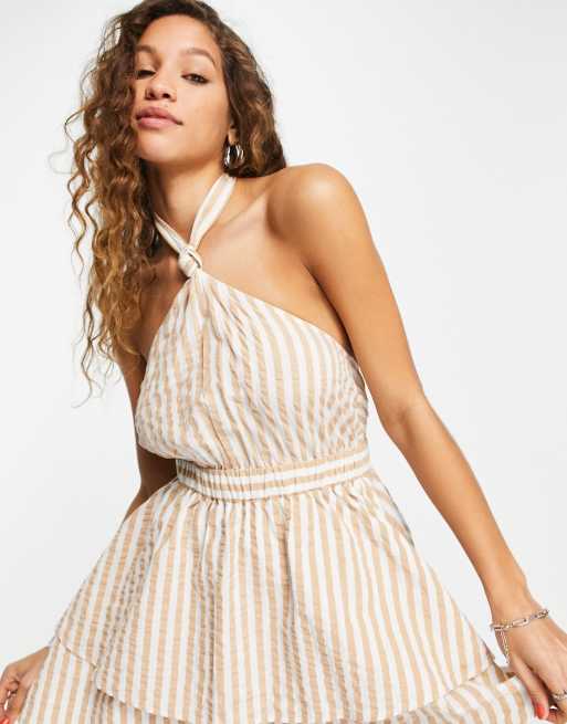 ASOS DESIGN - Gestreepte mini zonnejurk met geknoopte halternek en dubbellaagse rok 