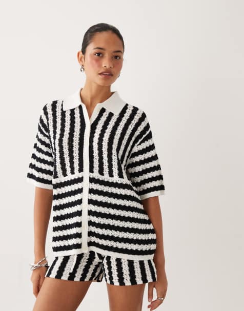 ASOS DESIGN - Gestreepte overhemd van slubstof in zwart-wit, deel van co-ord set - view 1