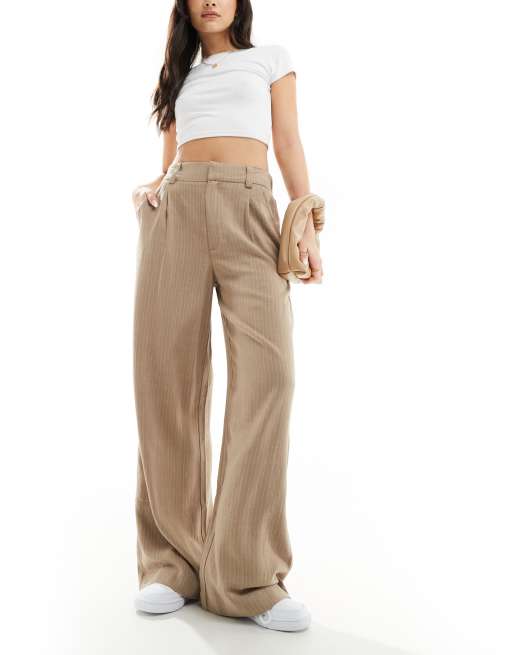 ASOS DESIGN - Gestreepte pantalon met wijde pijpen en linnen in stone 