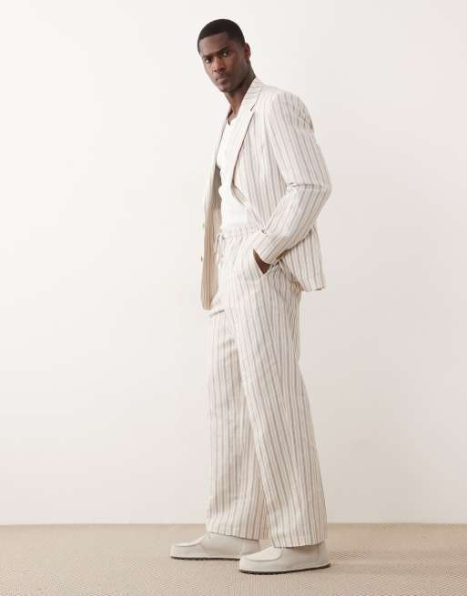 ASOS DESIGN - Gestreepte pantalon van linnenmix met wijde pijpen en elastische taille in crème, 3 van 5