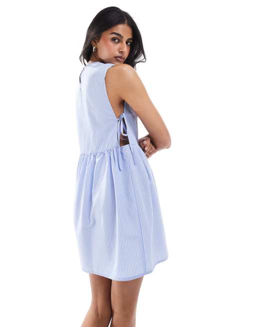 ASOS DESIGN - Gestreepte poplin mini jurk met gestrikte zijkant in blauw, 4 van 4
