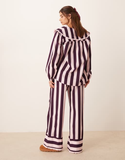 ASOS DESIGN - Gestreepte pyjamabroek met wijde pijpen in bordeauxrood, deel van co-ord set, 3 van 5