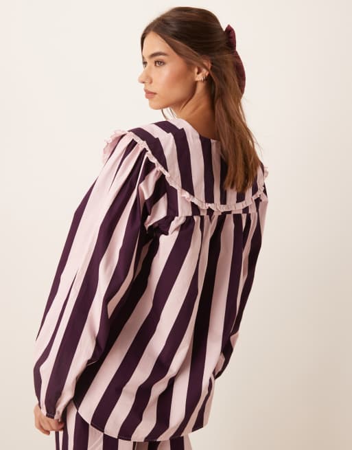 ASOS DESIGN - Gestreepte pyjamatop met wijde pijpen in bordeauxrood, deel van co-ord set, 4 van 4