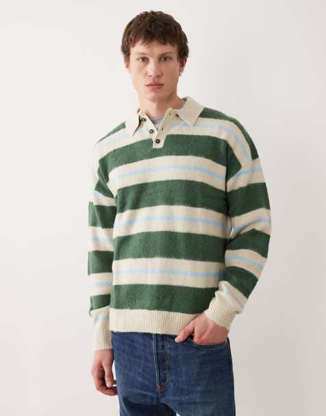 ASOS DESIGN - Gestreepte ruimvallende, gebreide polotrui in blauw en groen - view 1