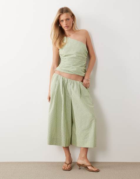 ASOS DESIGN - Gestreepte seersucker culotte met elastische taille in groen - view 1