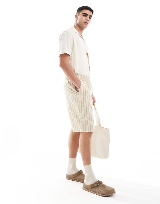 ASOS DESIGN - Gestreepte seersucker short in stone