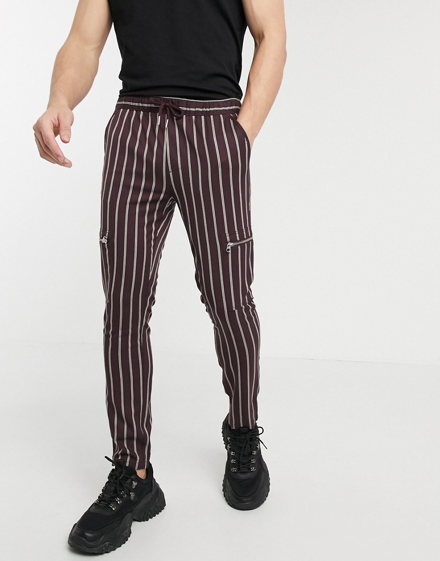 ASOS DESIGN - Gestreepte skinny broek met elastische taille en ritsen-Rood