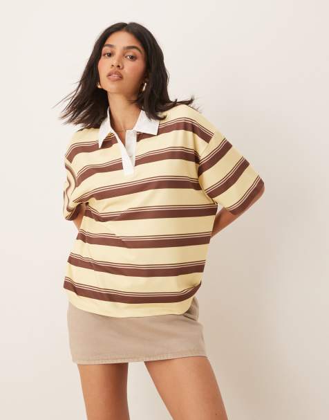 ASOS DESIGN - Gestreepte T-shirt met korte mouwen en rugbykraagje in geel - view 1