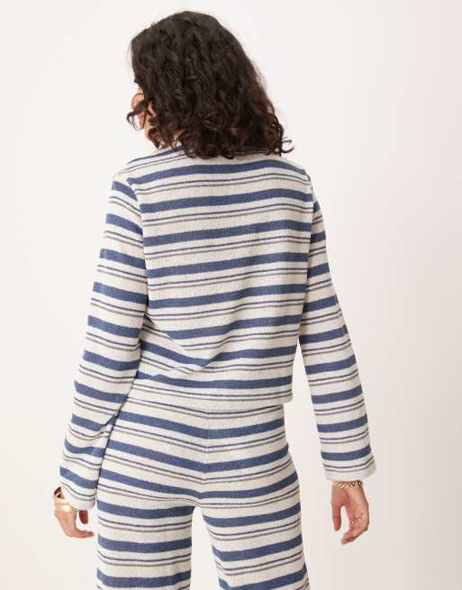 ASOS DESIGN - Gestreepte top met lange en knoopsluiting in ivoorwit en blauw, deel van co-ord set, 3 van 4