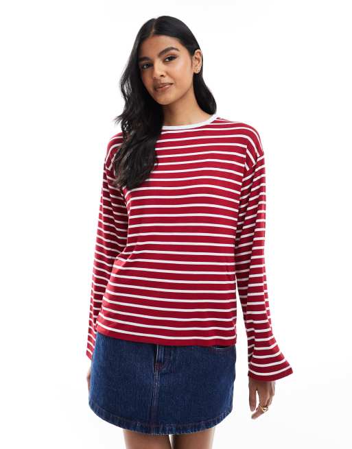 ASOS DESIGN - Gestreepte top met lange mouwen en contrasterende hals in kaki, 2 van 4