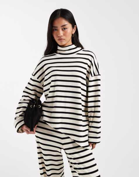 ASOS DESIGN - Gestreepte top met opstaande boord, lange mouwen en asymmetrische zoom, deel van co-ord set - view 1