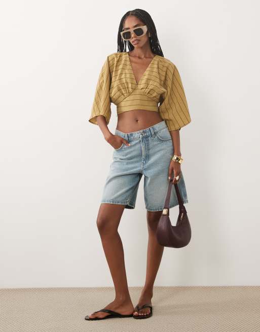 ASOS DESIGN - Gestreepte top met overslag en vleermuismouwen in olijfgroen , 2 van 4