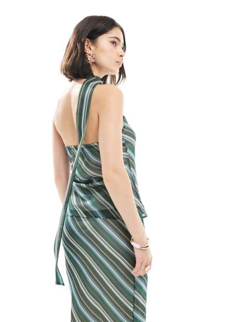 ASOS DESIGN - Gestreepte top van chiffon met sjaal aan de hals in groen, 2 van 4