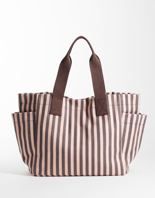 ASOS DESIGN - Gestreepte tote tas van canvas met meerdere vakken in lichtroze en chocoladebruin, 4 van 4