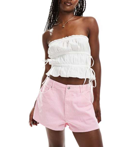 ASOS DESIGN – Gestreifte A-Linien-Shorts in Rosa aus Denim - view 1