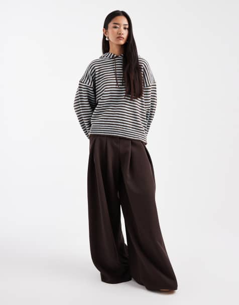 ASOS DESIGN – Gestreifte, flauschige Strickhose in Blau und Braun, Kombiteil - view 1