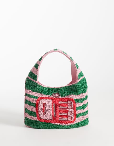 ASOS DESIGN – Gestreifte Handtasche in Rosa und Grün mit Sardinenmotiv und Perlenverzierung - view 1