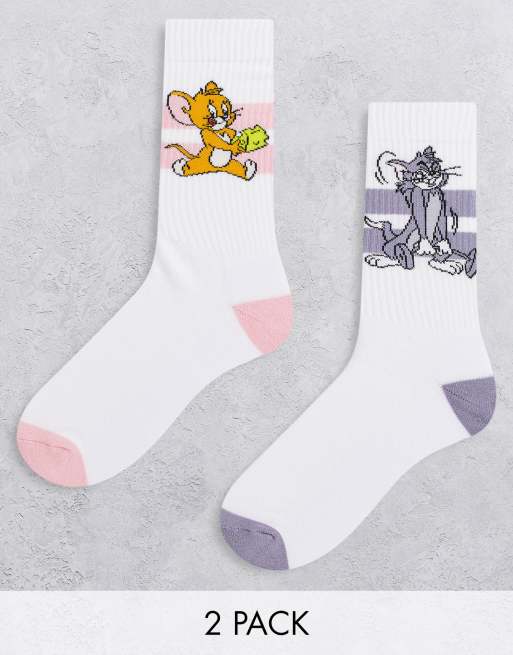 ASOS DESIGN – Gestreifte Sportsocken in Weiß mit Tom und Jerry-Motiv im 2er-Pack