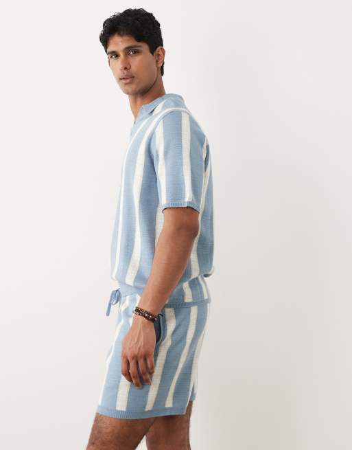 ASOS DESIGN – Gestreifte Strick-Shorts in Blau und Ecru, 3 von 5