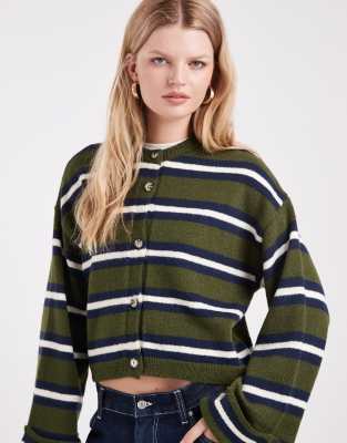 ASOS DESIGN - Gestreifte Strickjacke in Khaki mit umgeschlagenem Bündchen-Bunt