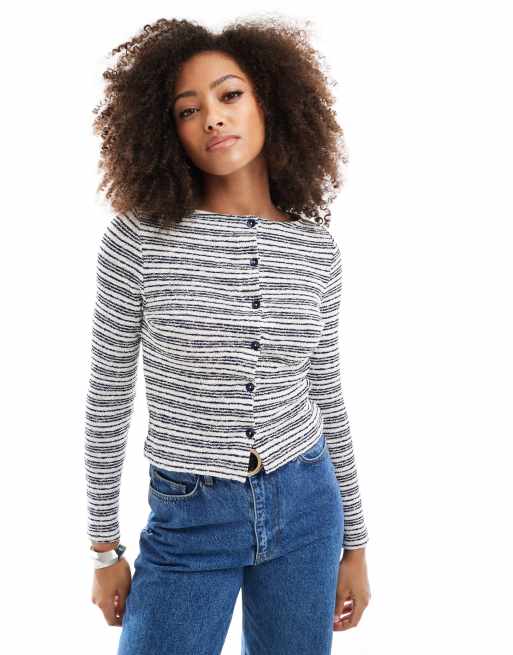 ASOS DESIGN – Gestreifte Strickjacke in Marineblau mit knappem Schnitt