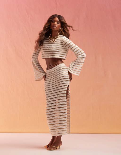 ASOS DESIGN – Gestreifter Maxirock in Metallic mit Schwalbenschwanz, Kombiteil