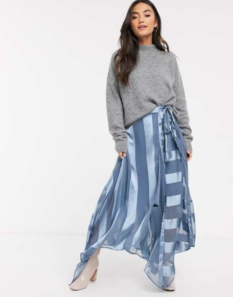ASOS DESIGN – Gestreifter Midi-Wickelrock aus Satin mit Taillenband