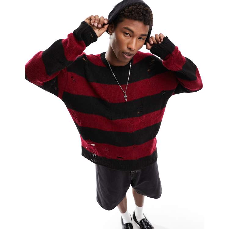 Striped Sweater Rot Schwarz Gestreifter Pullover Damen