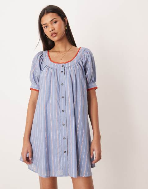 ASOS DESIGN – Gestreiftes Babydoll-Minikleid in Blau und Rot mit Knopfleiste - view 1