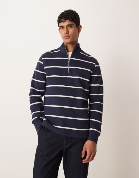 ASOS DESIGN – Gestreiftes Basic-Sweatshirt in Marineblau mit kurzem Reißverschluss - view 1