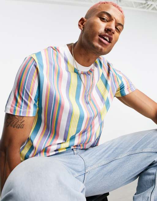 ASOS DESIGN – Gestreiftes Baumwoll-T-Shirt in bunten Pastellfarben - MULTI