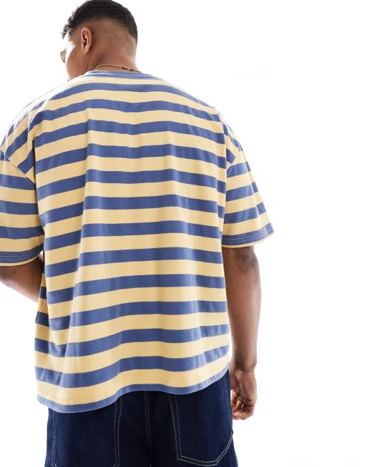 ASOS DESIGN – Gestreiftes Boxy Fit Oversize-T-Shirt in Sand und Blau mit Front-Grafik, 2 von 4