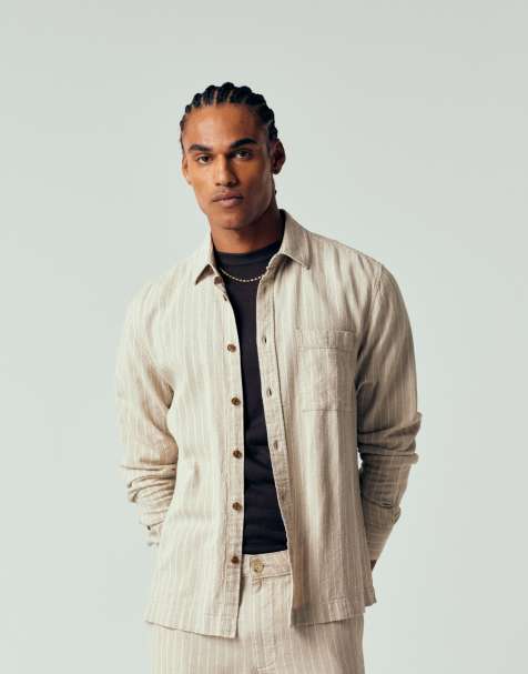 ASOS DESIGN – Gestreiftes Hemd aus Leinenmix in Beige mit regulärer Passform, Kombiteil - view 1