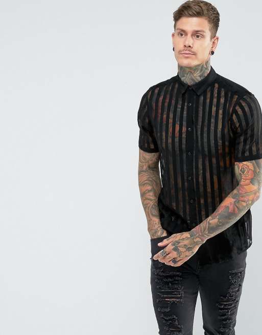 ASOS DESIGN – Gestreiftes Hemd aus teilweise transparenter Viskose in normaler Passform
