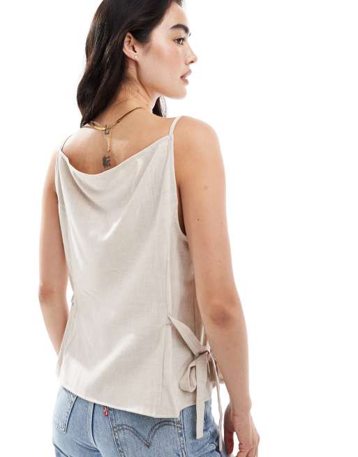 ASOS DESIGN – Gestreiftes Leinen-Camisole mit Knopfleiste vorne und Seitenschnürung, 3 von 4