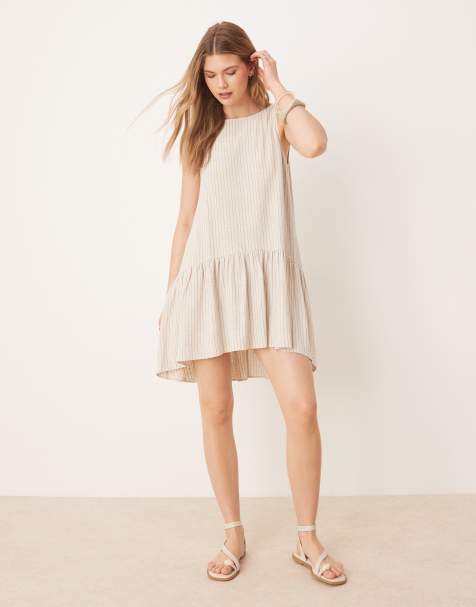 ASOS DESIGN – Gestreiftes Leinen-Minikleid in Natur mit tiefer Taille - view 1