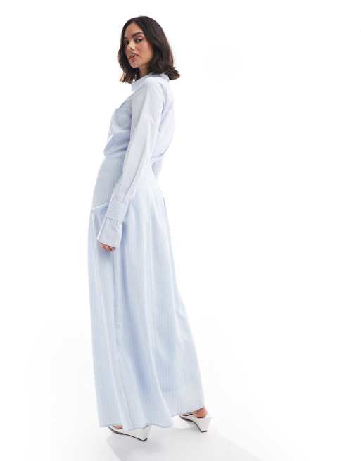 ASOS DESIGN – Gestreiftes Maxi-Hemdblusenkleid in Blau und Weiß mit geschnürten Bündchen, 2 von 4