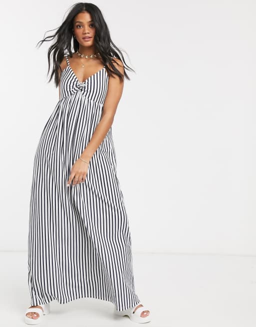 Asos Design Gestreiftes Maxi Sommerkleid Mit Tragern Und Schleife Vorn In Marine Und Weiss Asos