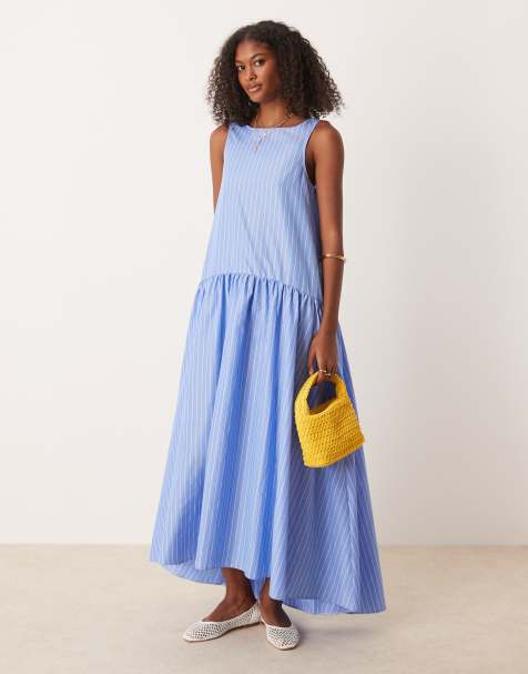 ASOS DESIGN – Gestreiftes Maxikleid aus Baumwolle in Blau mit tiefer Taille - view 1