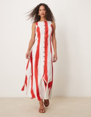 ASOS DESIGN - Gestreiftes Maxikleid im Westenstil mit Knopfleiste und U-Boot-Ausschnitt-Bunt