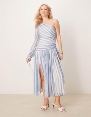 ASOS DESIGN - Gestreiftes Maxikleid mit langem One-Shoulder-Ballonärmel-Bunt