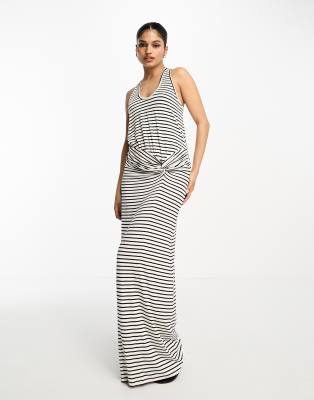 ASOS DESIGN - Gestreiftes Maxikleid mit Neckholder-Träger, verdrehter Rückseite und gerafftem Rockteil-Bunt