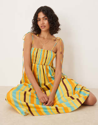 ASOS DESIGN - Gestreiftes Midikleid aus Baumwoll-Popeline mit gesmokter Brustpartie-Bunt