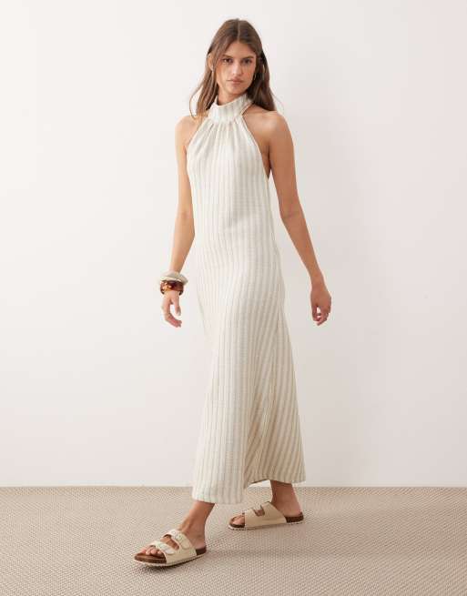 ASOS DESIGN – Gestreiftes Midikleid aus strukturiertem Strick in Cremeweiß und Hellgrün mit Neckholder-Träger, 2 von 4