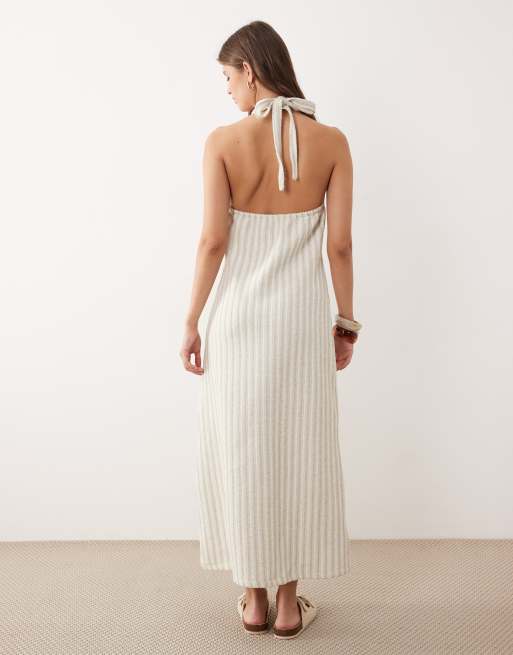 ASOS DESIGN – Gestreiftes Midikleid aus strukturiertem Strick in Cremeweiß und Hellgrün mit Neckholder-Träger, 4 von 4