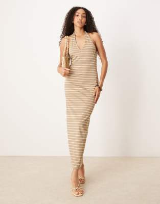 ASOS DESIGN - Gestreiftes Neckholder-Maxikleid in Braun